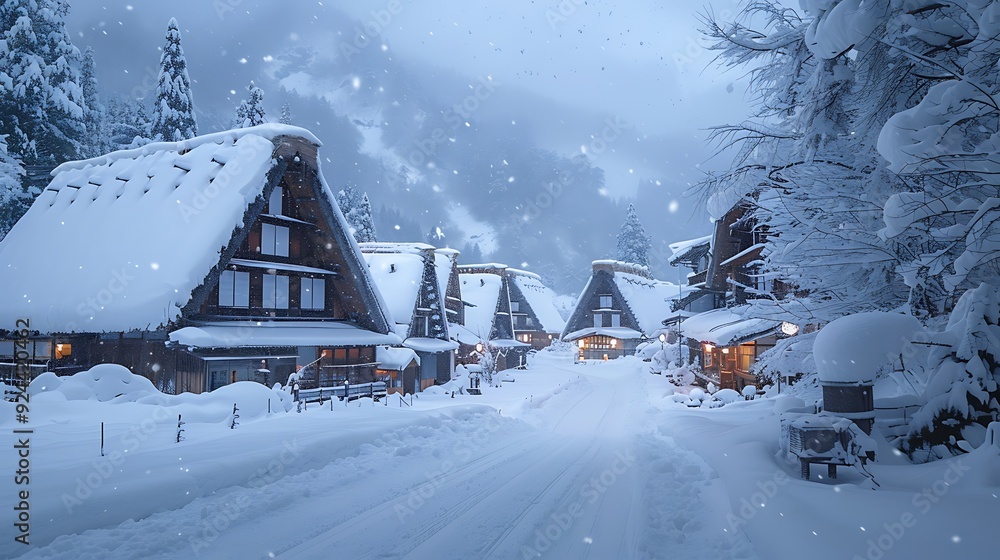 Fototapeta premium A vibrant view of Shirakawa-go village in winter, snow-covered thatched-roof houses, gentle snowfall creating a magical ambiance, soft evening light, tranquil and serene atmosphere, high detail,