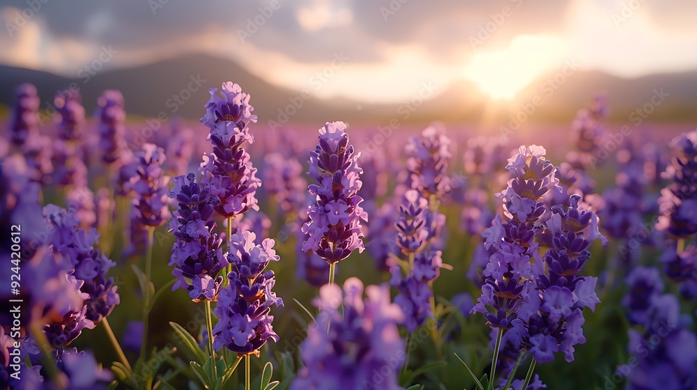 Fototapeta premium A vibrant view of the lavender fields of Furano, Hokkaido, in full bloom, purple flowers stretching into the distance, soft sunlight casting warm shadows, serene and picturesque atmosphere,