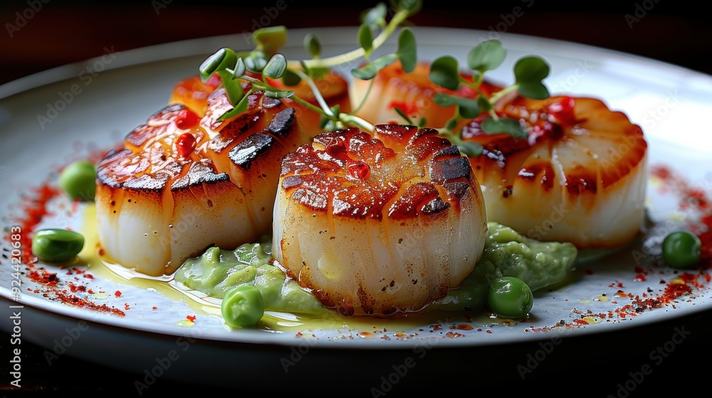 Close-up of four pan-seared scallops served with pea puree and red pepper flakes. Close-up of four pan-seared scallops served with pea puree and red pepper flakes.