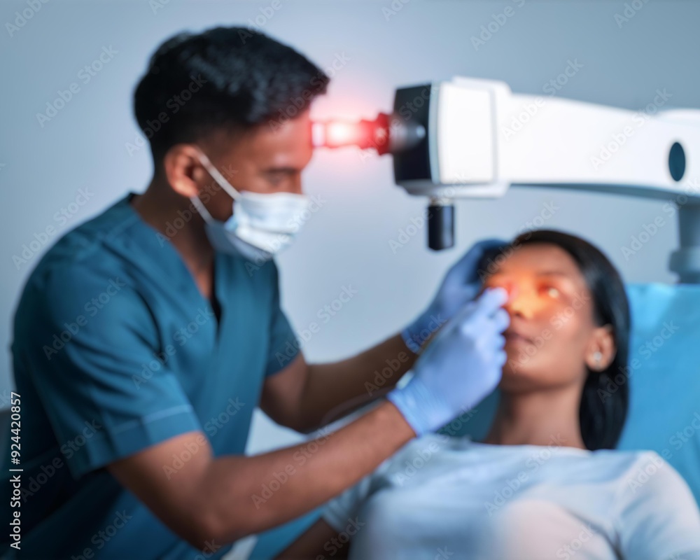 A blurry image of a doctor examining a patient's eye in an operation room with a bokeh background. A blurry image of a doctor examining a patient's eye in an operation room with a bokeh background.
