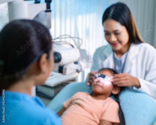 A young girl is laying down in a doctor's office as a doctor checks her eyes.