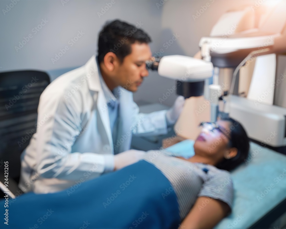 Blurred image of a doctor examining a patient's eye in an operating room with a bokeh background. Blurred image of a doctor examining a patient's eye in an operating room with a bokeh background.