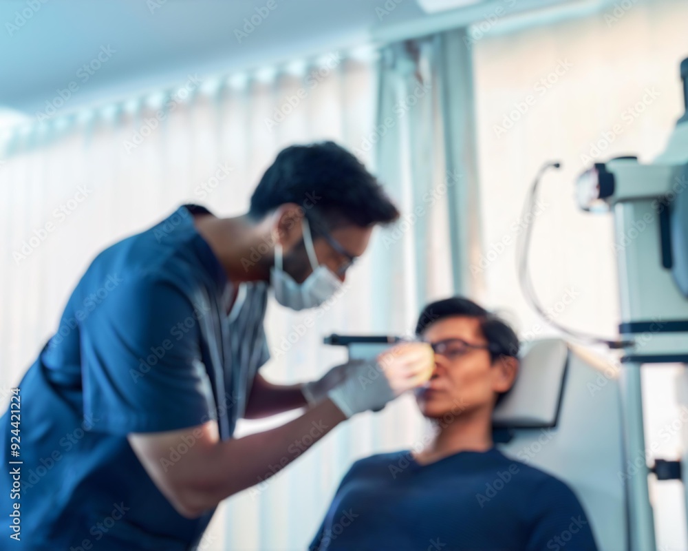 A blurry image of a doctor examining a patient's eye in an operation room. The background is bokeh with a bright white window. A blurry image of a doctor examining a patient's eye in an operation room. The background is bokeh with a bright white window.