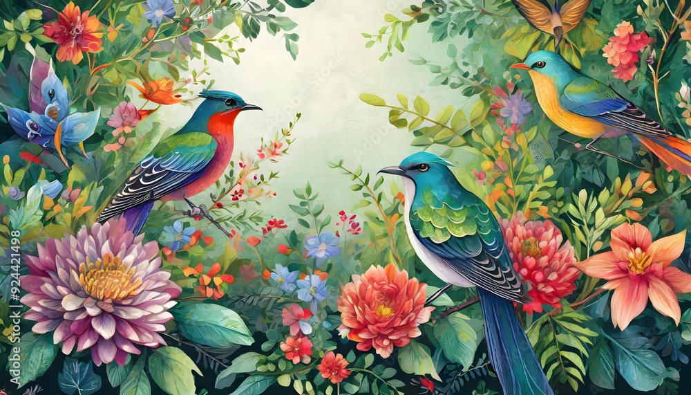 Obraz premium bird of paradise flower.an ornate, nature-themed frame featuring a variety of colorful birds perched among vivid flowers and dense green foliage. The composition should be detailed and rich, perfect f