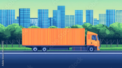 A vibrant orange truck travels along a city road, showcasing urban landscape with modern buildings and greenery in the background.