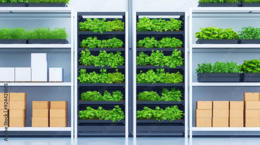 Fototapeta premium Vibrant indoor garden with fresh herbs growing in modern shelving. Perfect for illustrating sustainability and healthy eating.