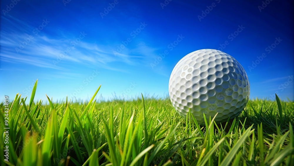 golf ball on lush green grass against a clear blue sky golf ball on lush green grass against a clear blue sky