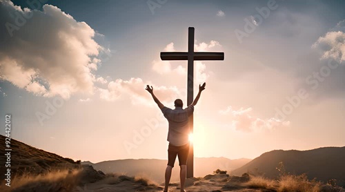 Worshipper with Arms Raised Before Cross of Jesus