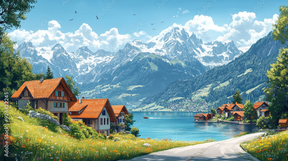 Fototapeta premium Cartoon illustration background with a Swiss landscape representing a Switzerland town near a lake with Alps mountain in backdrop