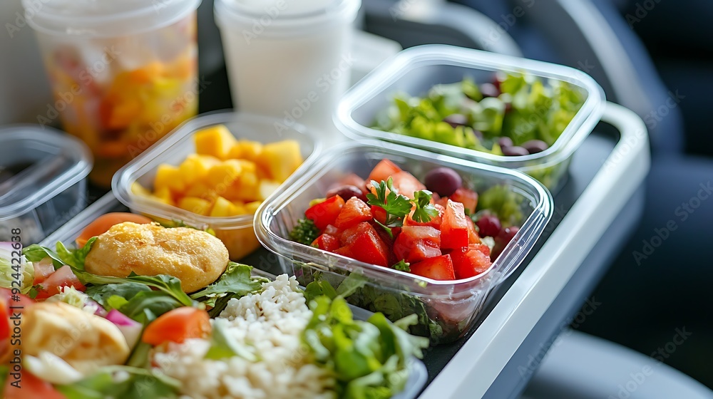 A close up of a meal tray with various salads. There is a salad with tomato, lettuce, and parsley in a clear plastic container. Next to it is a container filled with diced yellow fruit A close up of a meal tray with various salads. There is a salad with tomato, lettuce, and parsley in a clear plastic container. Next to it is a container filled with diced yellow fruit