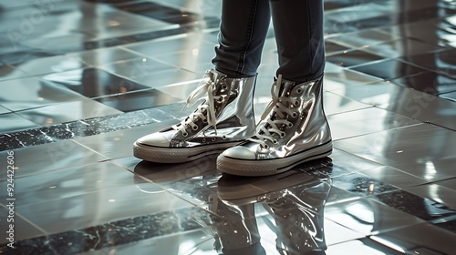 Obraz na płótnie An individual exists on the shiny tile floor with silver sneakers shining on it w salonie