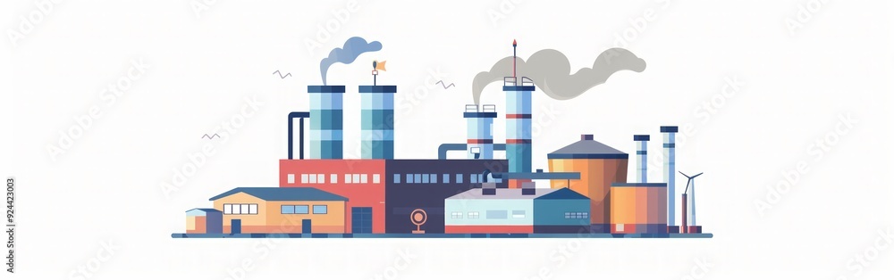 Fototapeta premium Industrial Factory Illustration: Urban Landscape with Smoke and Chimneys
