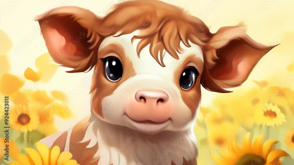 Adorable calf surrounded by sunflowers in a meadow during golden hour Adorable calf surrounded by sunflowers in a meadow during golden hour