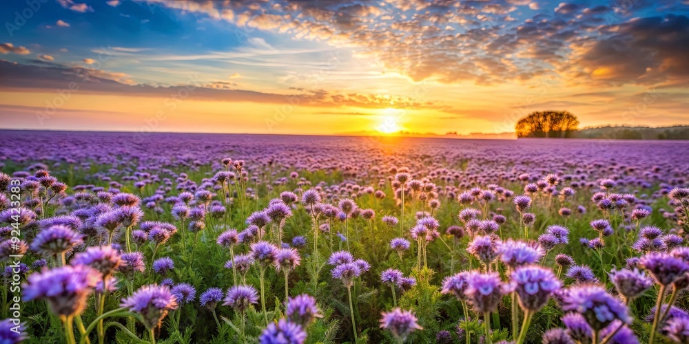 Fototapeta premium Stunning rural landscape at sunrise with blooming purple phacelia flowers in spring field