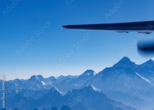 Stunning view from a tourist plane over Mount Everest and the Great Himalayas of southern Asia, Nepal