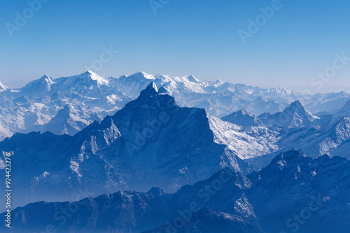 Stunning view from a tourist plane over Mount Everest and the Great Himalayas of southern Asia, Nepal