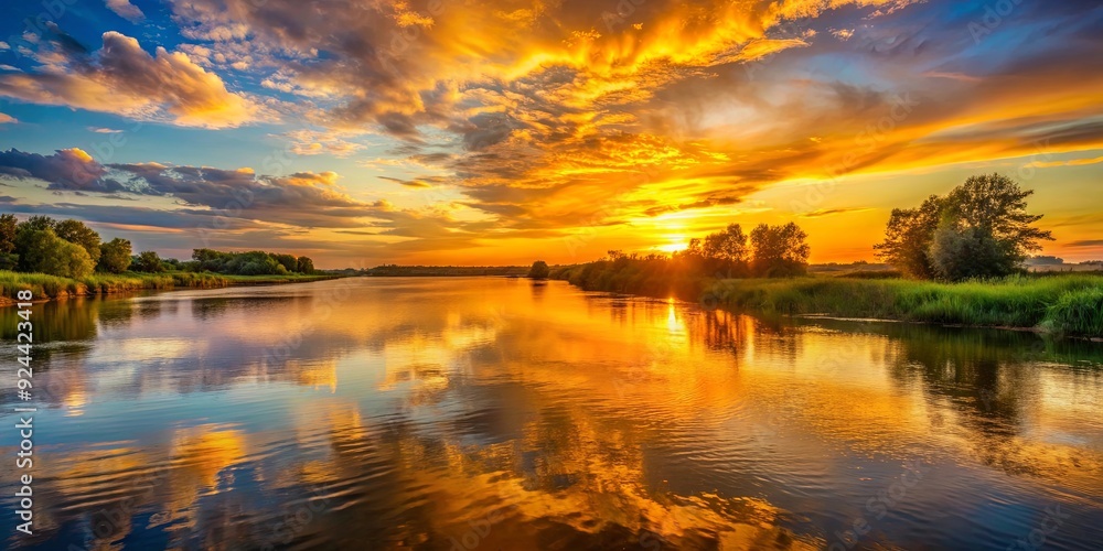 Vibrant sunset casting a golden glow over a serene river scene