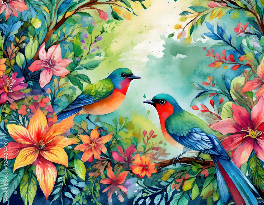 Fototapeta premium bird on a branch.a vivid floral border adorned with bright, colorful birds and lush greenery. The frame should be full of life and energy, perfect for enhancing nature-themed designs with a burst of c