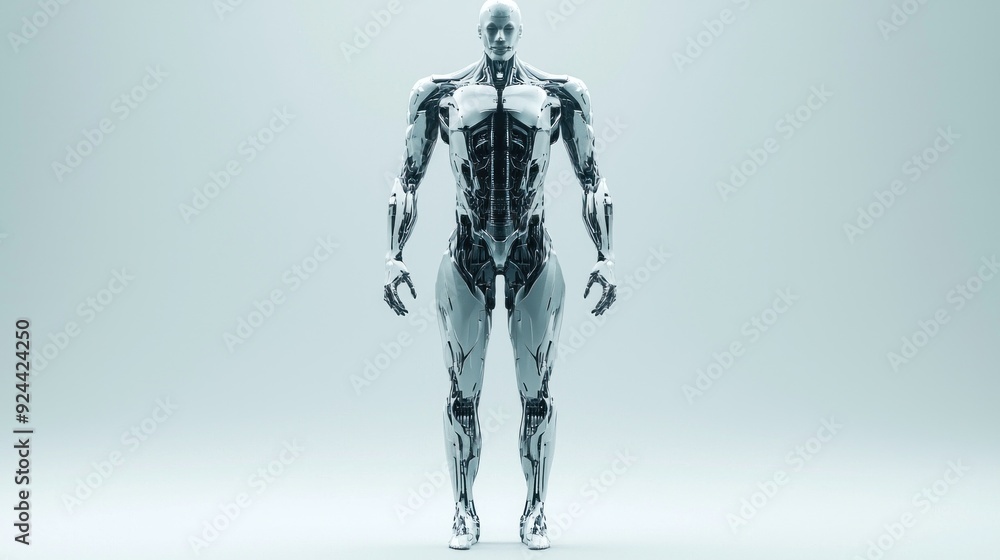 Human merging with robotic technology, represented by sleek metallic limbs and high-tech enhancements integrated into the body. The individual stands in a neutral, minimalist setting, highlighting Human merging with robotic technology, represented by sleek metallic limbs and high-tech enhancements integrated into the body. The individual stands in a neutral, minimalist setting, highlighting