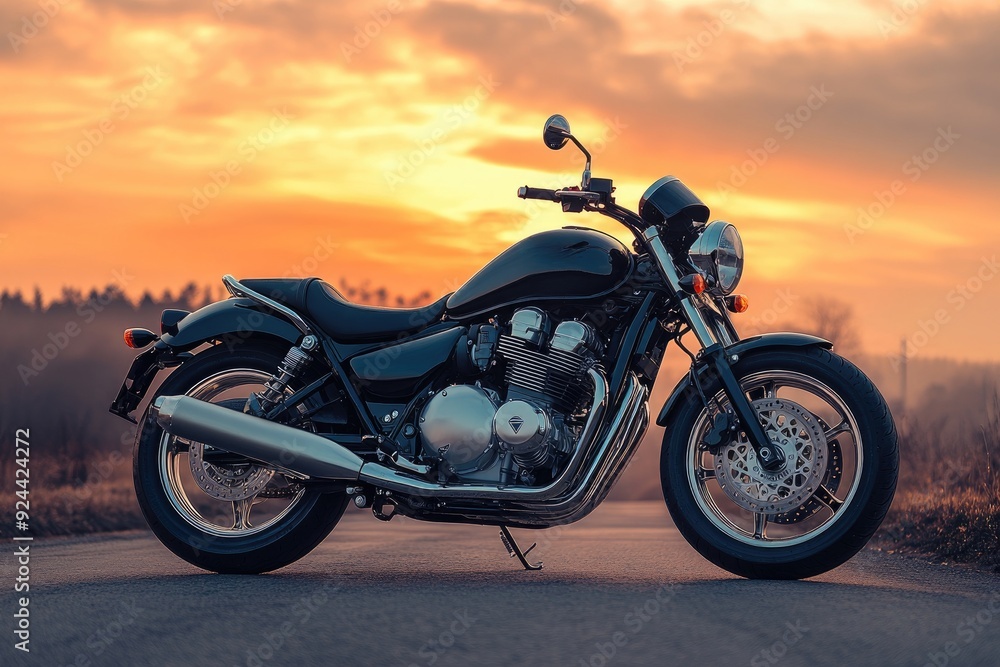 A stunning motorcycle parked on a rural road at sunset, highlighting its metallic parts against a dramatic sky, symbolizing freedom and adventure in a modern, artistic style. A stunning motorcycle parked on a rural road at sunset, highlighting its metallic parts against a dramatic sky, symbolizing freedom and adventure in a modern, artistic style.
