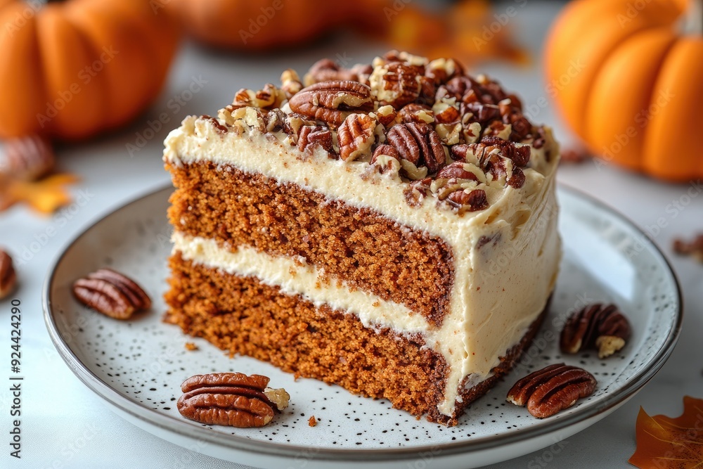 Delicious slice of layered pumpkin cake with pecan nuts topping on a plate Delicious slice of layered pumpkin cake with pecan nuts topping on a plate
