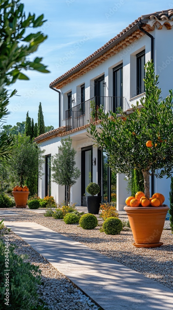 Obraz premium Modern mediterranean house garden with terracotta potted citrus trees