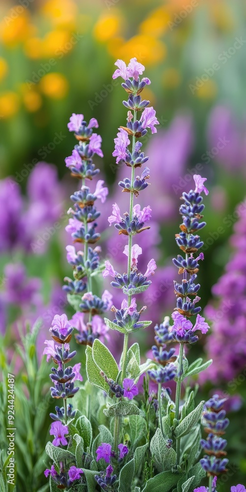 Fototapeta premium Diverse herb garden with blooming lavender, sage, and mint plants, highlighting their rich colors and textures.