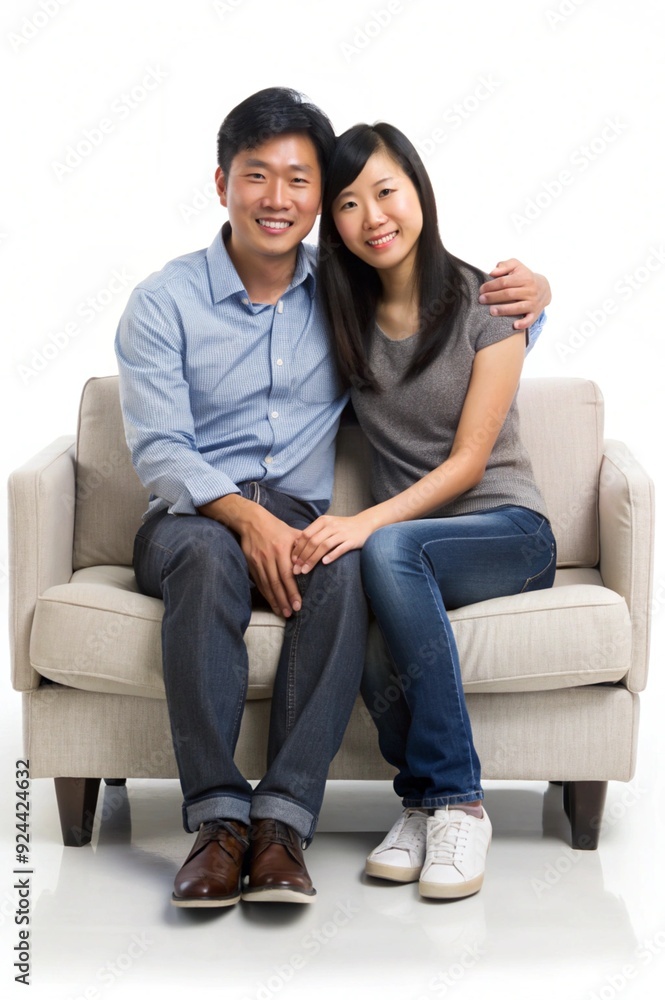 An asian couple posing on sofa, isolated on white background An asian couple posing on sofa, isolated on white background