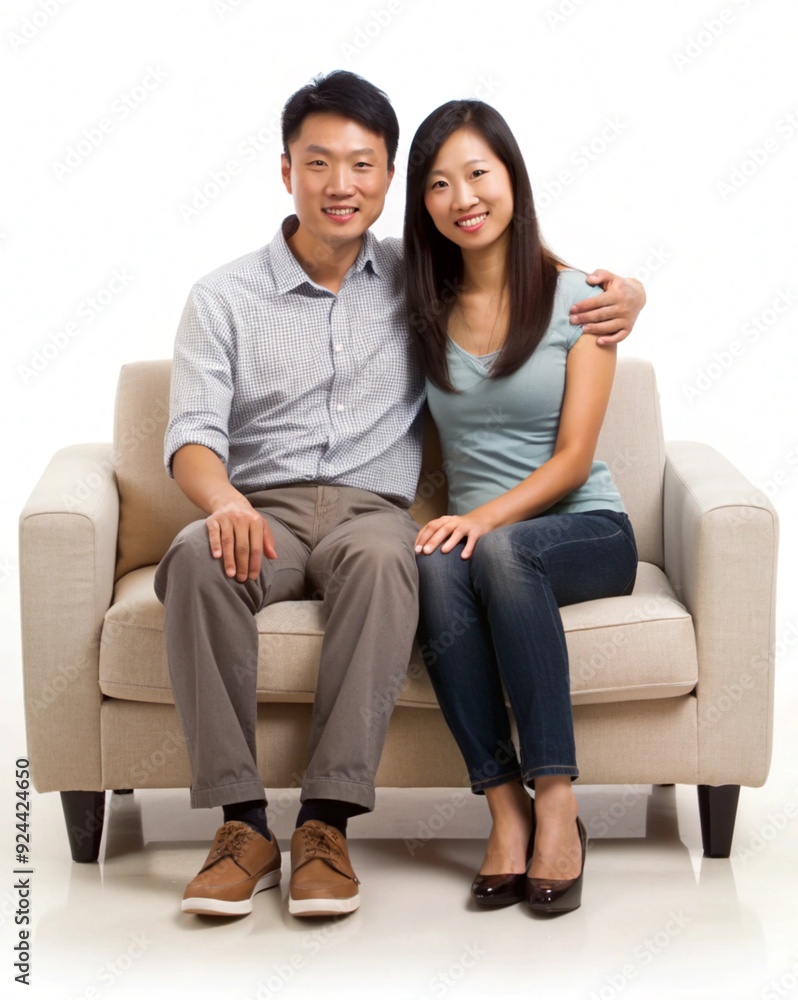 An asian couple posing on sofa, isolated on white background An asian couple posing on sofa, isolated on white background