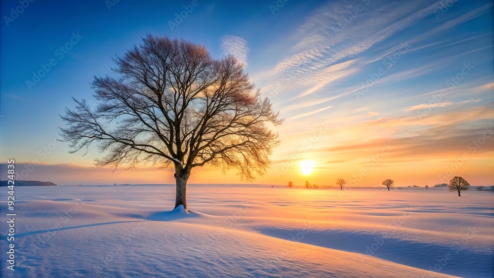 Winter sunset paints a serene landscape with a bare tree standing tall over a snowy field way Winter sunset paints a serene landscape with a bare tree standing tall over a snowy field way