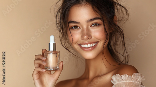 A young girl holds a skin care product in her hand. An advertising photo.