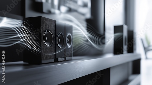 Modern black speakers emitting dynamic sound waves in a sleek home setup