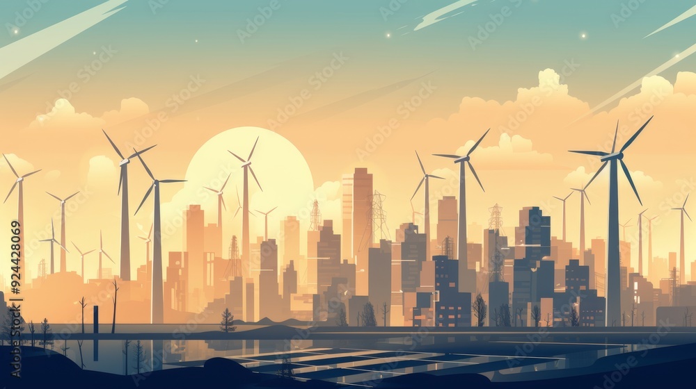 A city skyline with a large windmill in the foreground A city skyline with a large windmill in the foreground
