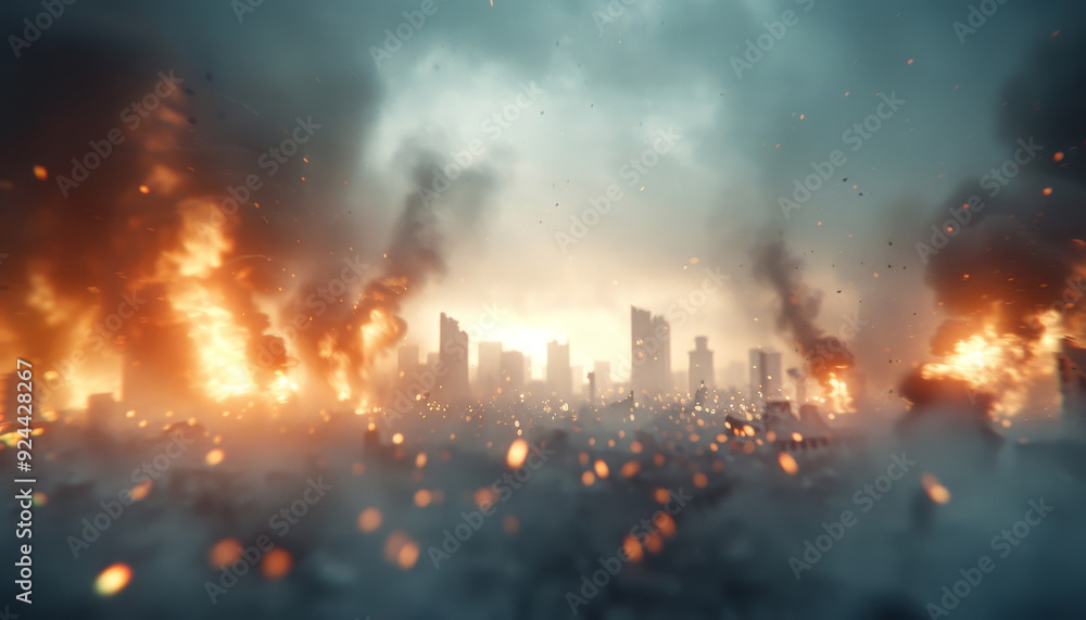 Fototapeta premium A city is on fire with smoke and debris in the air by AI generated image