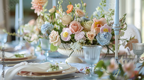 Easter tablescape decoration, floral holiday table decor for family celebration, spring flowers, Easter eggs, Easter bunny and vintage dinnerware, English country and home styling