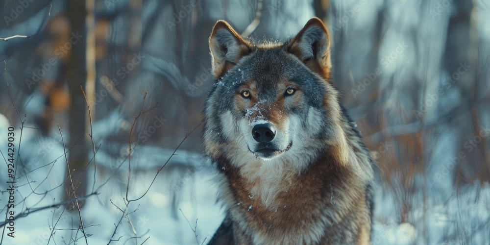 Fototapeta premium Close up of intense wolf with untamed gaze in the snowy forest