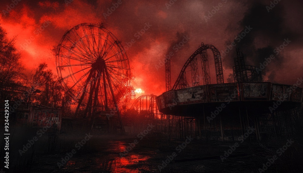 Abandoned Amusement Park Under a Crimson Sky Abandoned Amusement Park Under a Crimson Sky