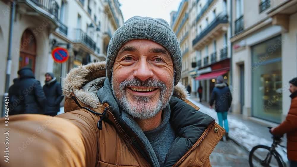 handsome self-portrait a happy middle-aged man taking a selfie on the main thoroughfare in Bordeaux. handsome self-portrait a happy middle-aged man taking a selfie on the main thoroughfare in Bordeaux.