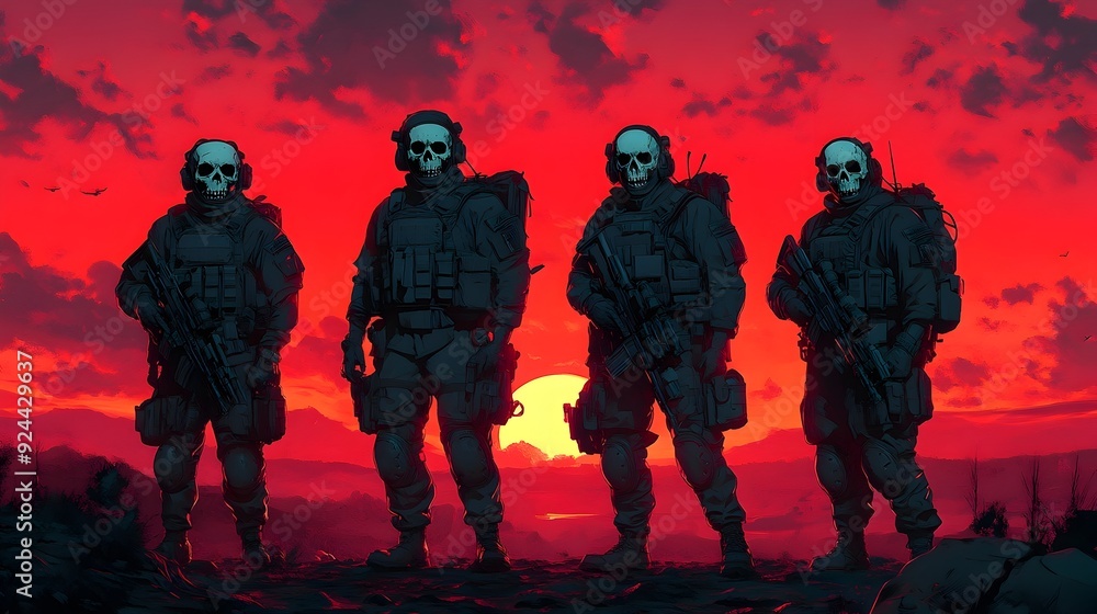 Naklejka premium Elite Skull-Themed Soldiers in Tactical Gear Engage in Gritty Military Sci-Fi Action