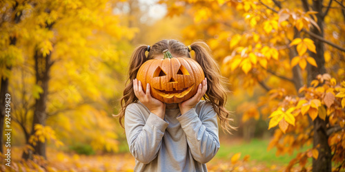 Young girl holding carved pumpkin in autumn forest, Hello Autumn, concept for children's school cards, invitations, cosrume Halloween photo