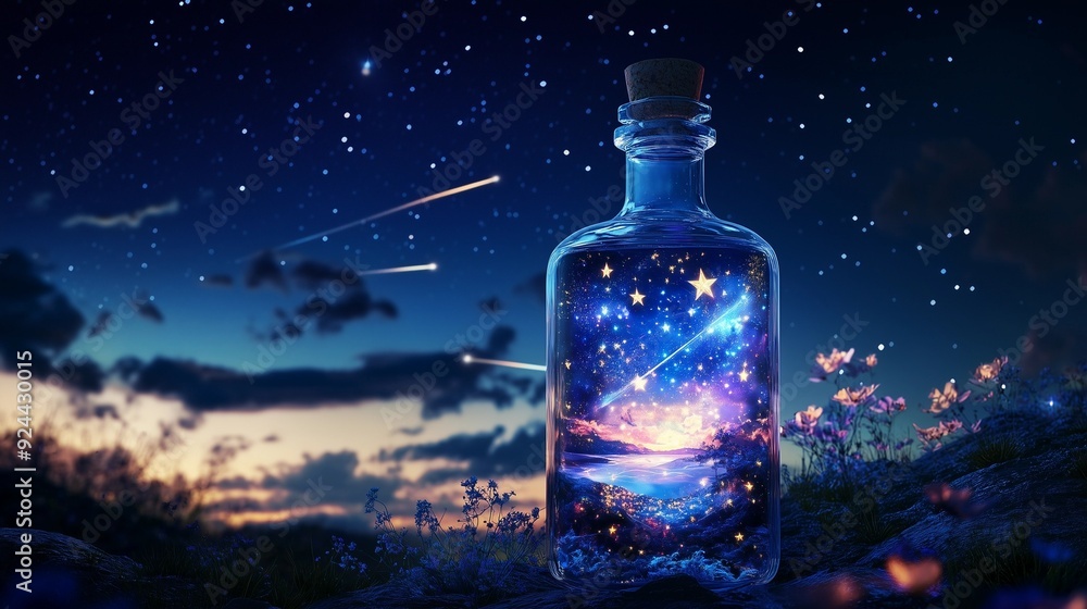 A transparent bottle containing a sparkling night sky scene with starlight, shooting stars, night clouds, bottle of water, imagination, romantic, alcohol A transparent bottle containing a sparkling night sky scene with starlight, shooting stars, night clouds, bottle of water, imagination, romantic, alcohol