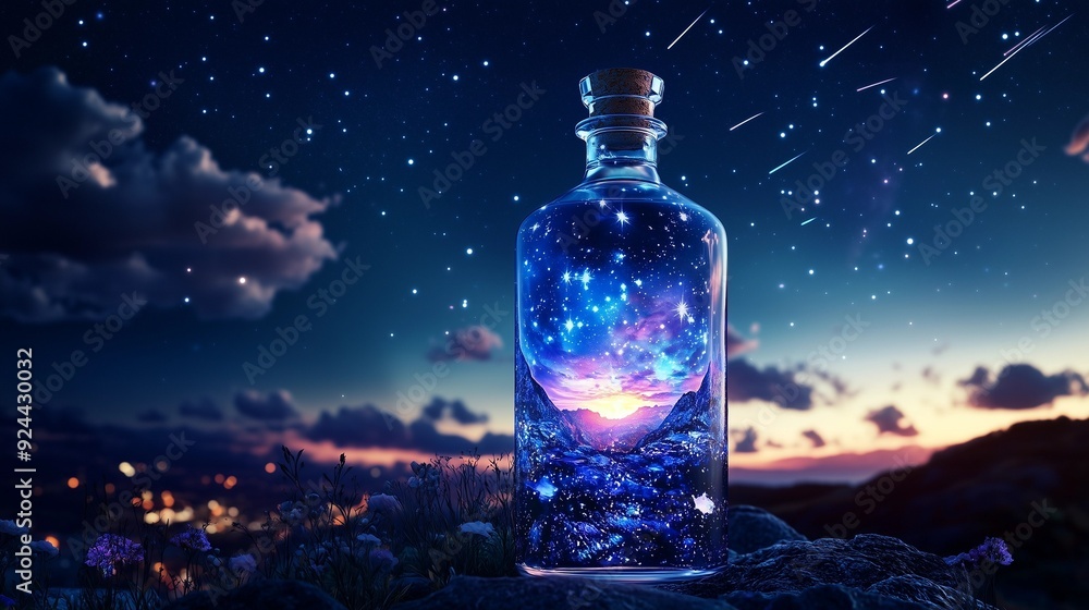 A transparent bottle containing a sparkling night sky scene with starlight, shooting stars, night clouds, bottle of water, imagination, romantic, alcohol A transparent bottle containing a sparkling night sky scene with starlight, shooting stars, night clouds, bottle of water, imagination, romantic, alcohol