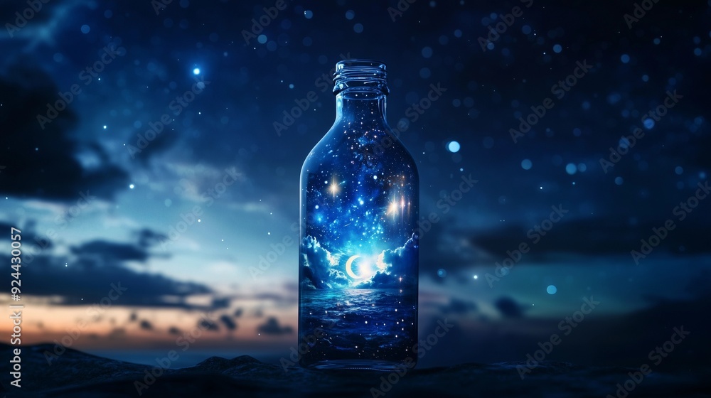 A transparent bottle containing a sparkling night sky scene with starlight, shooting stars, night clouds, bottle of water, imagination, romantic, alcohol A transparent bottle containing a sparkling night sky scene with starlight, shooting stars, night clouds, bottle of water, imagination, romantic, alcohol