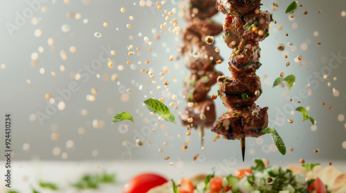 Gourmet Lamb Kebab marinated in Middle Eastern spices, elegantly floating in mid-air. The skewer of tender lamb is surrou photo