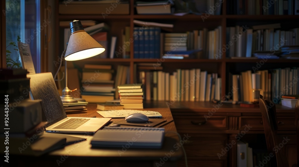 Cozy Home Office with Bookshelf and Desk Lamp Cozy Home Office with Bookshelf and Desk Lamp