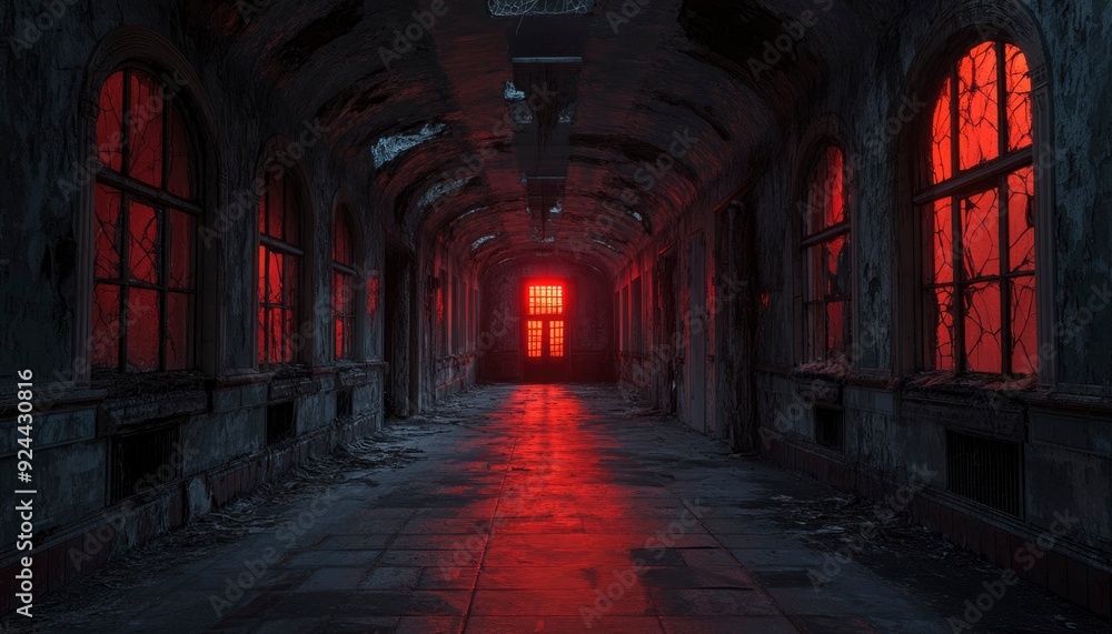 Red-Lit Hallway in an Abandoned Building Red-Lit Hallway in an Abandoned Building