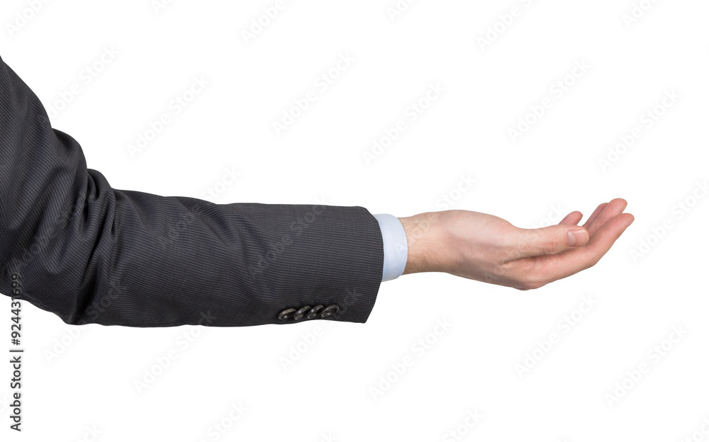 A hand in a suit presenting or gesturing on a white background. Concept of business presentation, offering, or partnership. Ideal for design templates A hand in a suit presenting or gesturing on a white background. Concept of business presentation, offering, or partnership. Ideal for design templates