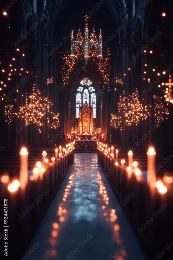 Christmas Eve 2025, traditional church service with festive candles, warm holiday spirit, flat design illustration Christmas Eve 2025, traditional church service with festive candles, warm holiday spirit, flat design illustration