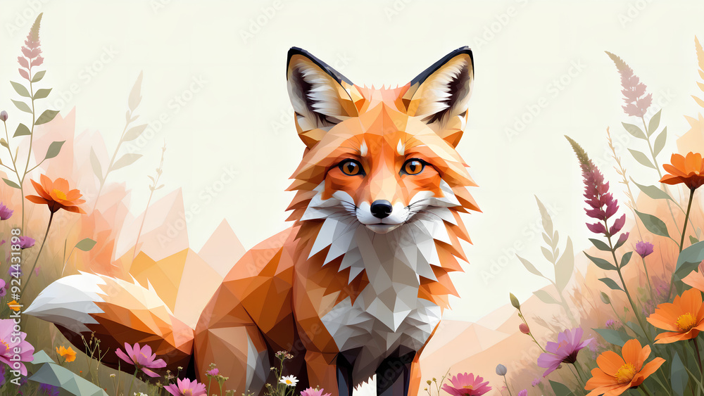 A peacefully majestic fox portrayed in abstract vector artwork is depicted against an off-white background in warm colors A peacefully majestic fox portrayed in abstract vector artwork is depicted against an off-white background in warm colors