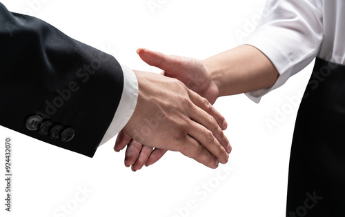 Close-up of two people shaking hands, one wearing asuit and the other in a white shirt, on a white background, representing a business agreement photo